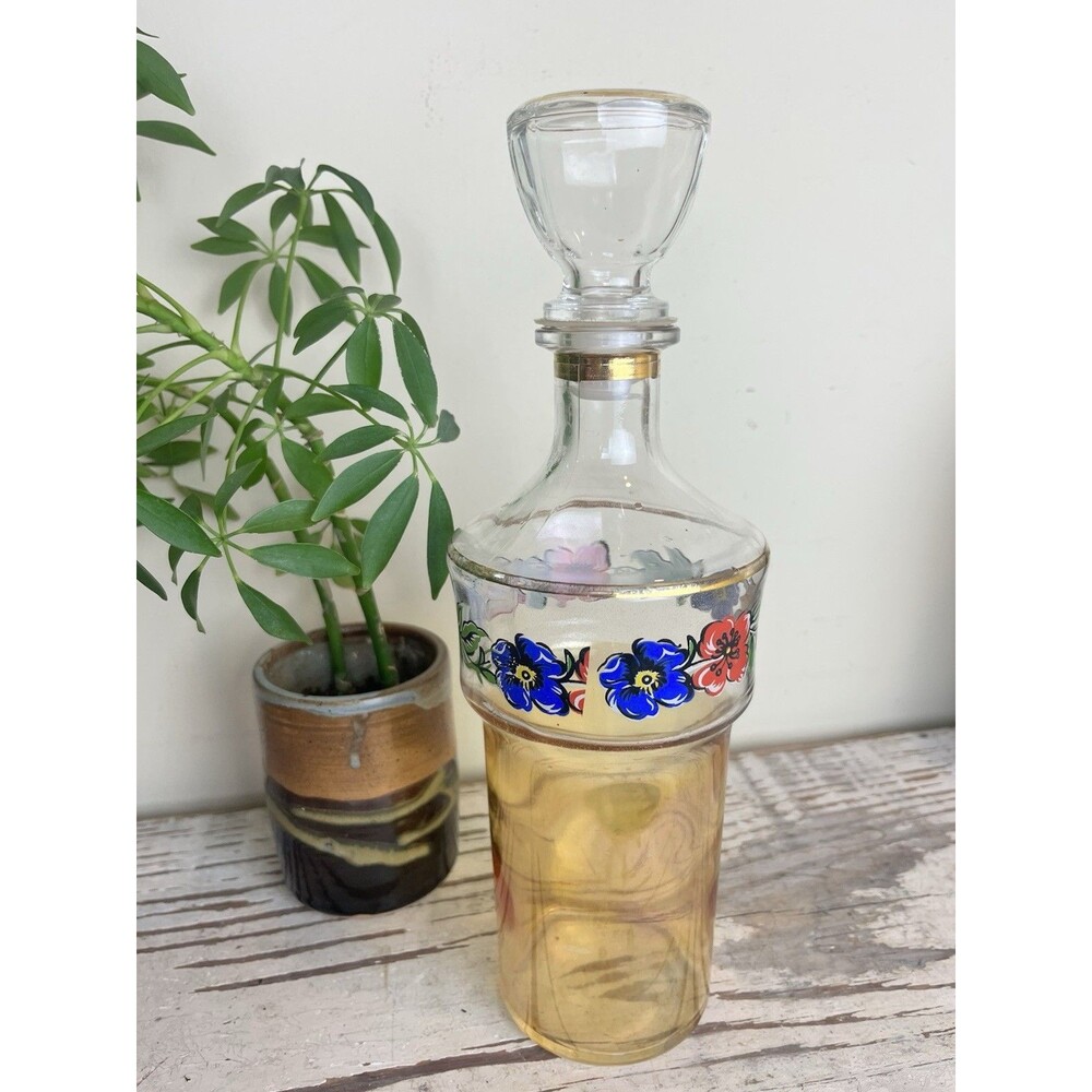 Vintage Italy Jay Ombre Amber Glass Floral & Gold Stripe Decanter W/Stopper 11”